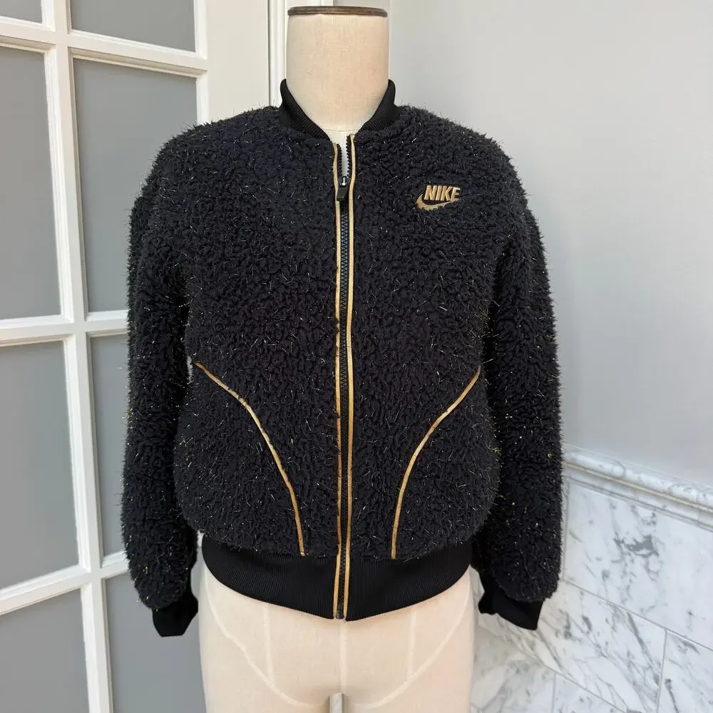 Nike Kids' Teddy Fleece Shine Bomber Jacket Black Gold Metallic Large